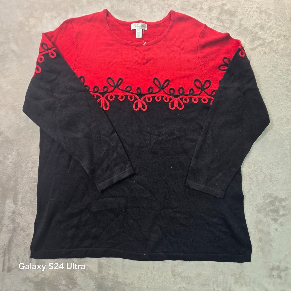 Dressbarn Knit Top Womens 18/20 Black Red Cotton Embroidered Casual Long Sleeve